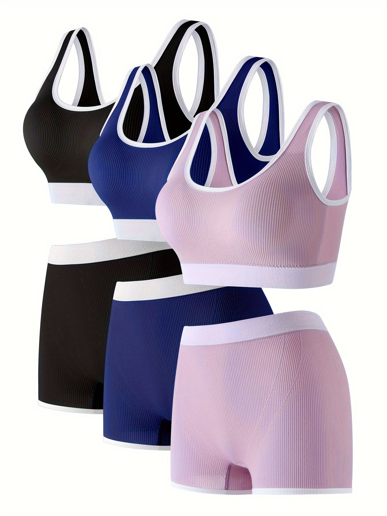 3 Sets Bra Panties Sports Ribbed Elastic Intimates Lingerie Set