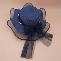 Lace Sun Hat Ribbon Bowknot Faux Pearl Straw Hat