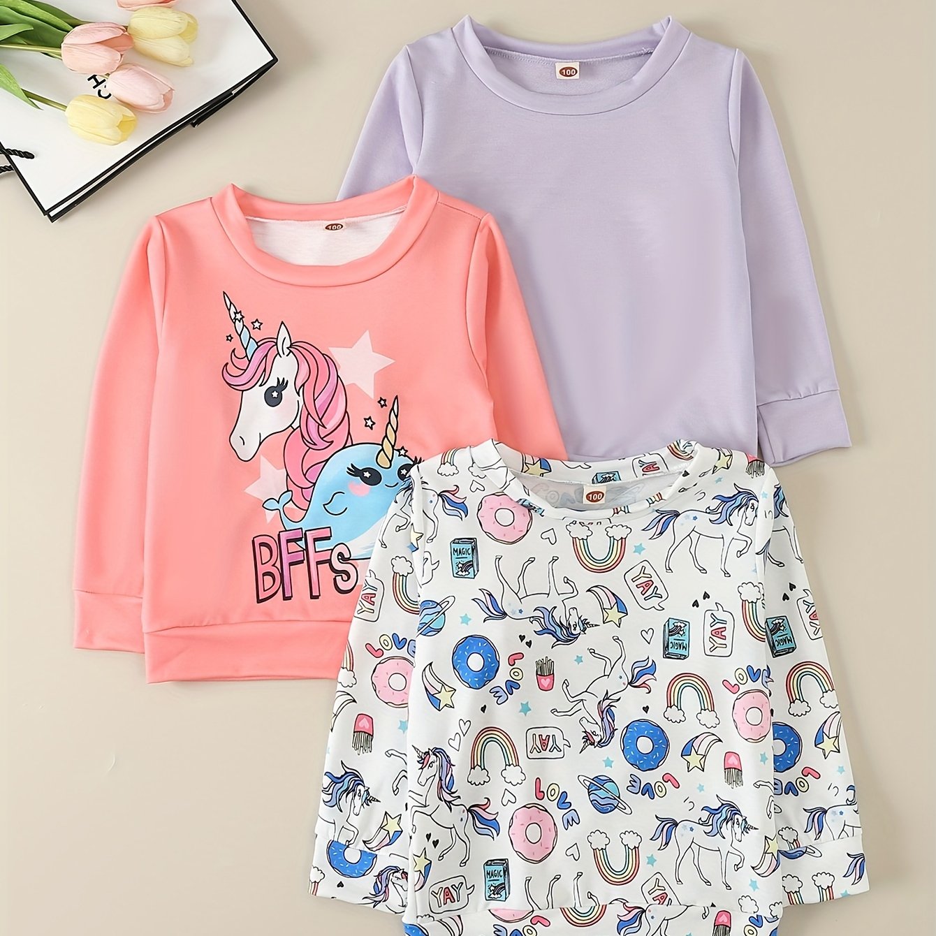 3 Pk Girls' Cartoon Unicorn Sweatshirts Set