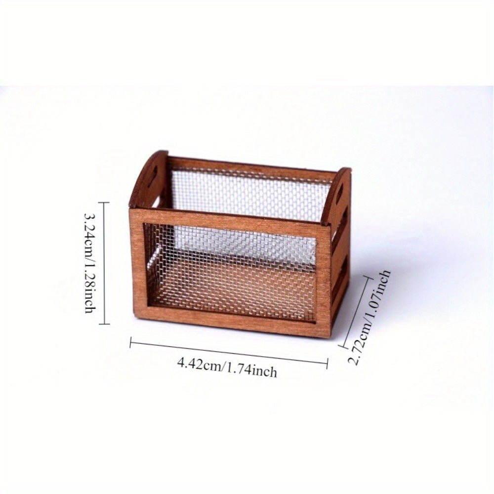 Mini Wood Storage Box with Iron Mesh Light Brown Dollhouse Decor
