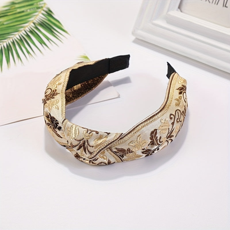Embroidered Knot Decor Hair Hoop Wide Hair Band Floral Pattern Headband