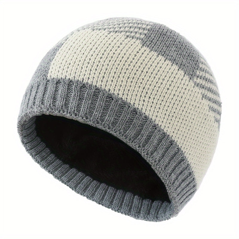 Winter Fleece Lining Plaid Knitted Beanie Hat for Men & Women