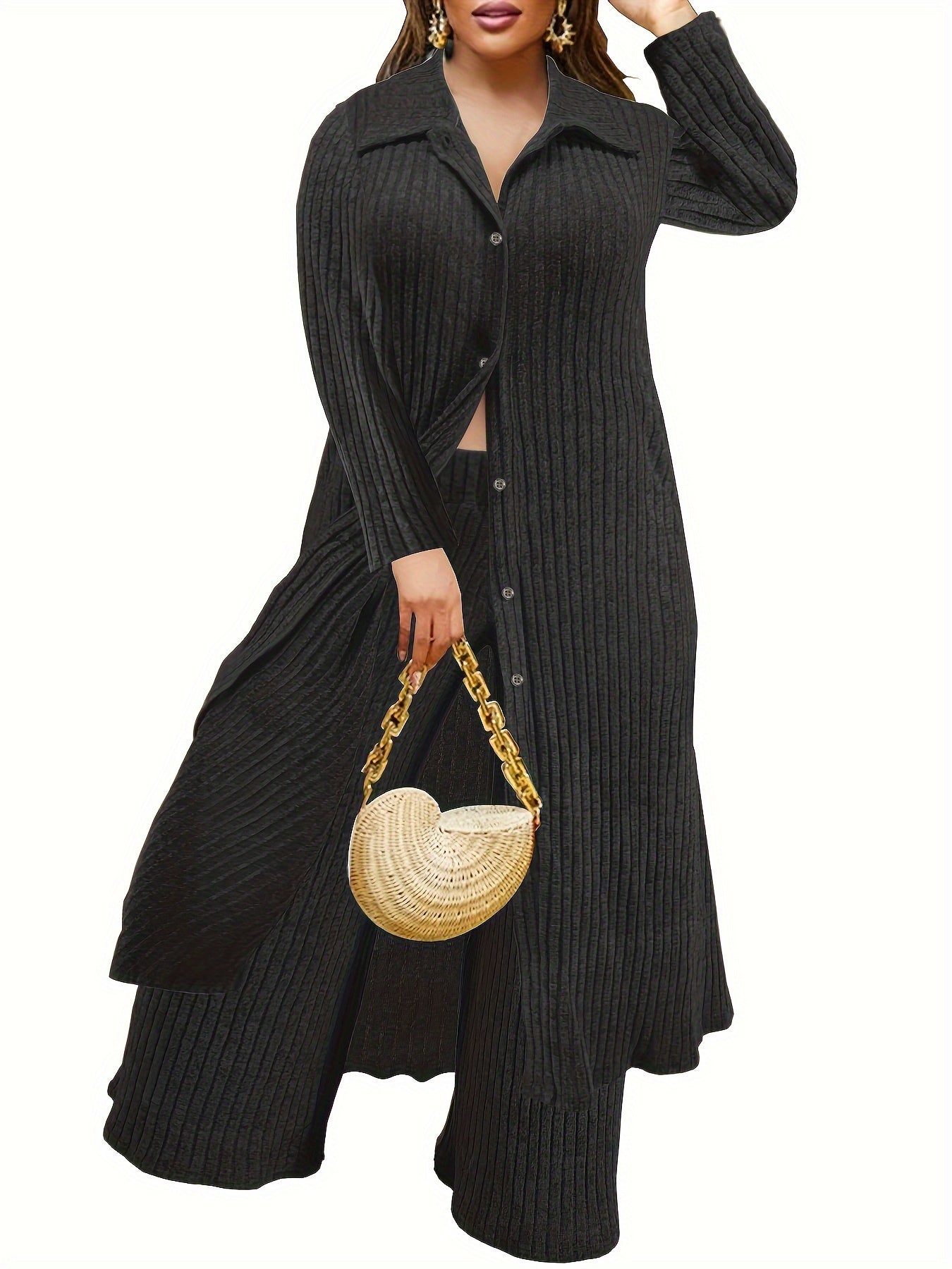  Ribbed Button Up Long Sleeve Polo Neck Blouse & Pants Set