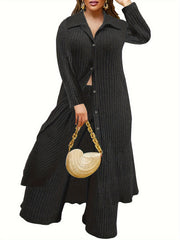  Ribbed Button Up Long Sleeve Polo Neck Blouse & Pants Set