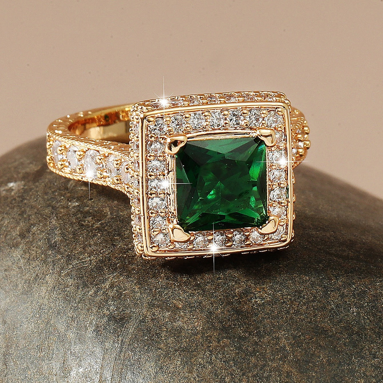 Emerald Glass Zircon Plated 18K Yellow Ring