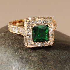 Emerald Glass Zircon Plated 18K Yellow Ring