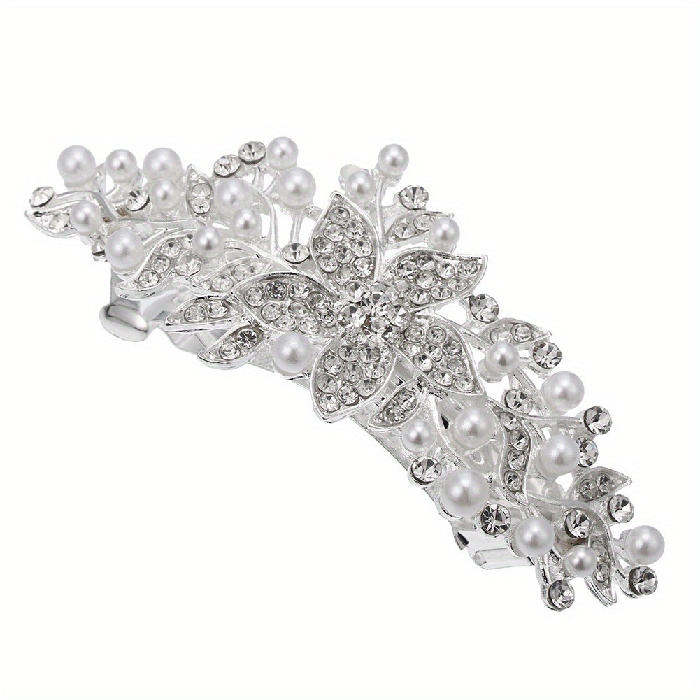 Silver Faux Pearl Leaf Hair Clip Non-Slip Barrette Rhinestone Head Jewelry