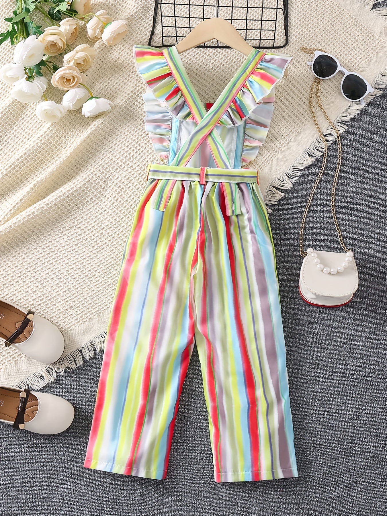 Toddler Girls Ruffle Trim Striped Overall Jumpsuits