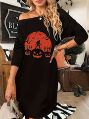  Pumpkin Print Long Sleeve Casual Dress