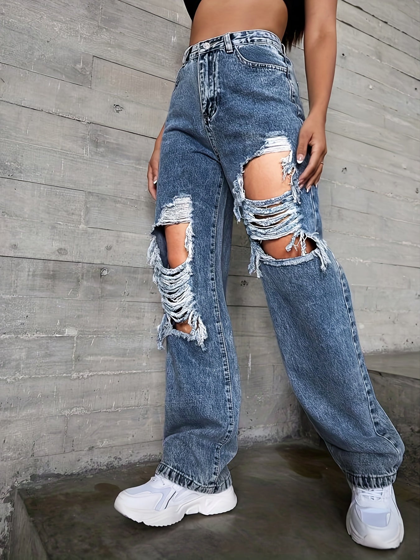 Straight Jeans Ripped Holes Non Stretch Baggy Denim Pants
