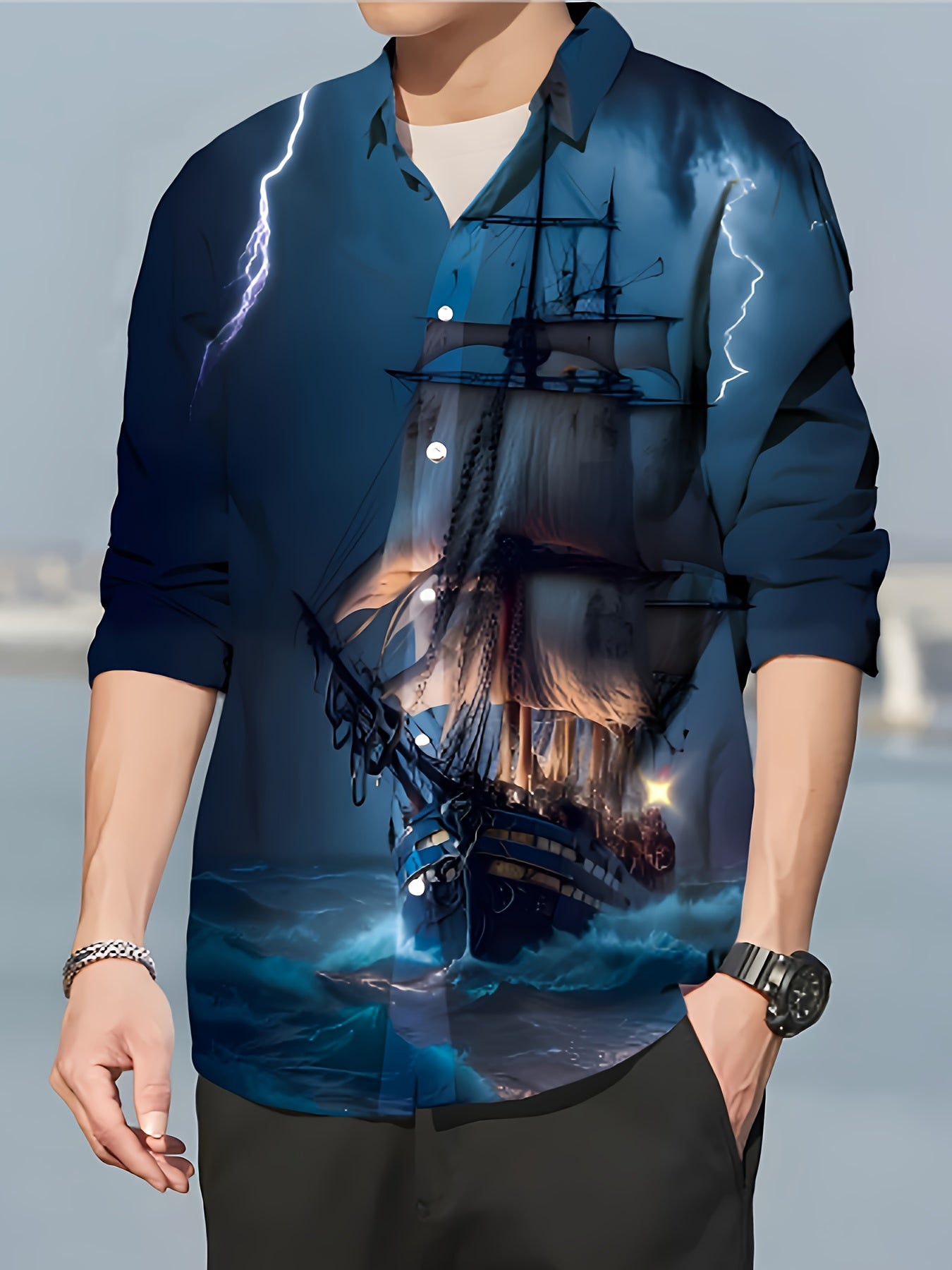 Sailing Boat Pattern Men's Long Sleeve Shirt