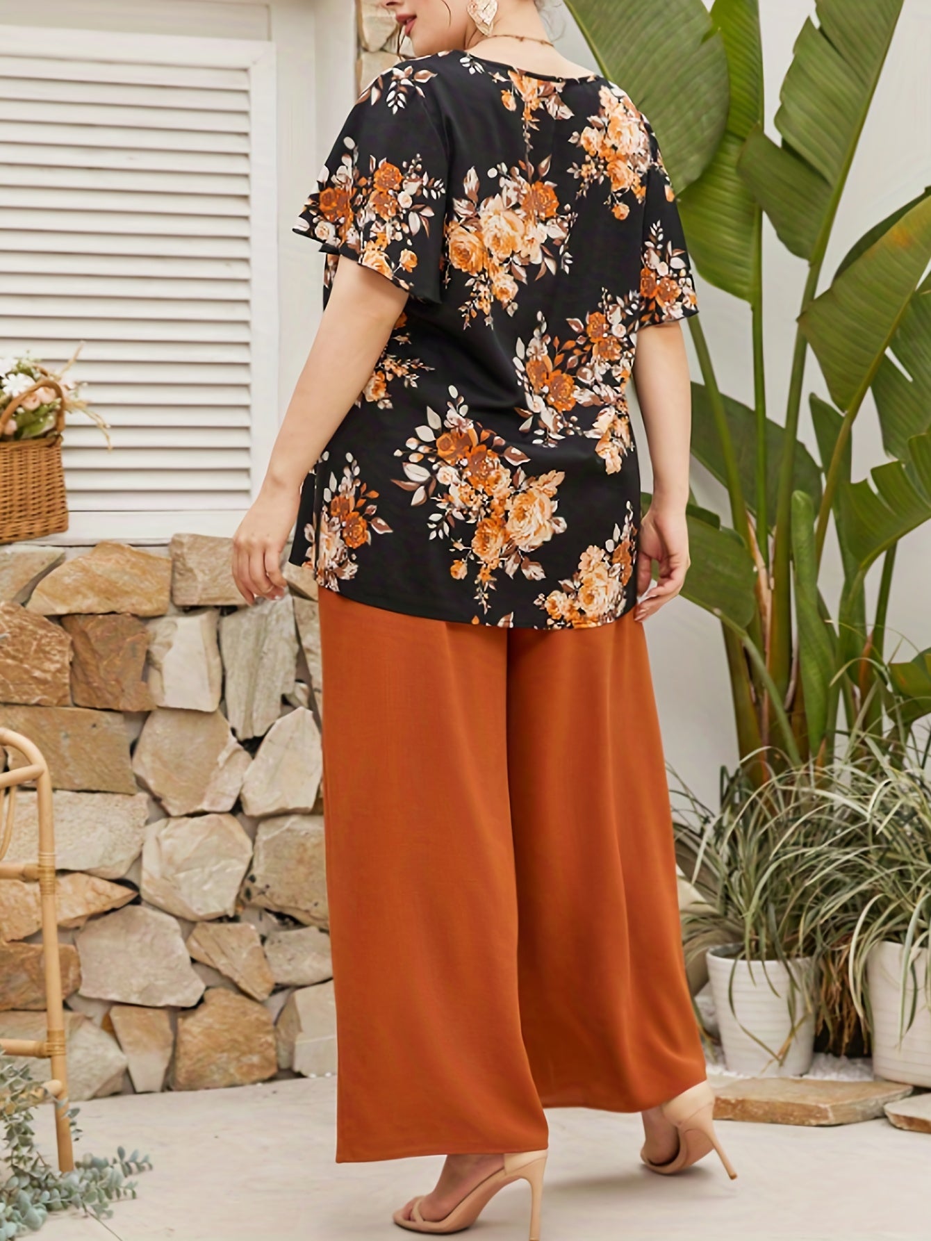 Floral Print Top & Wide Leg Pants Set Plus Size