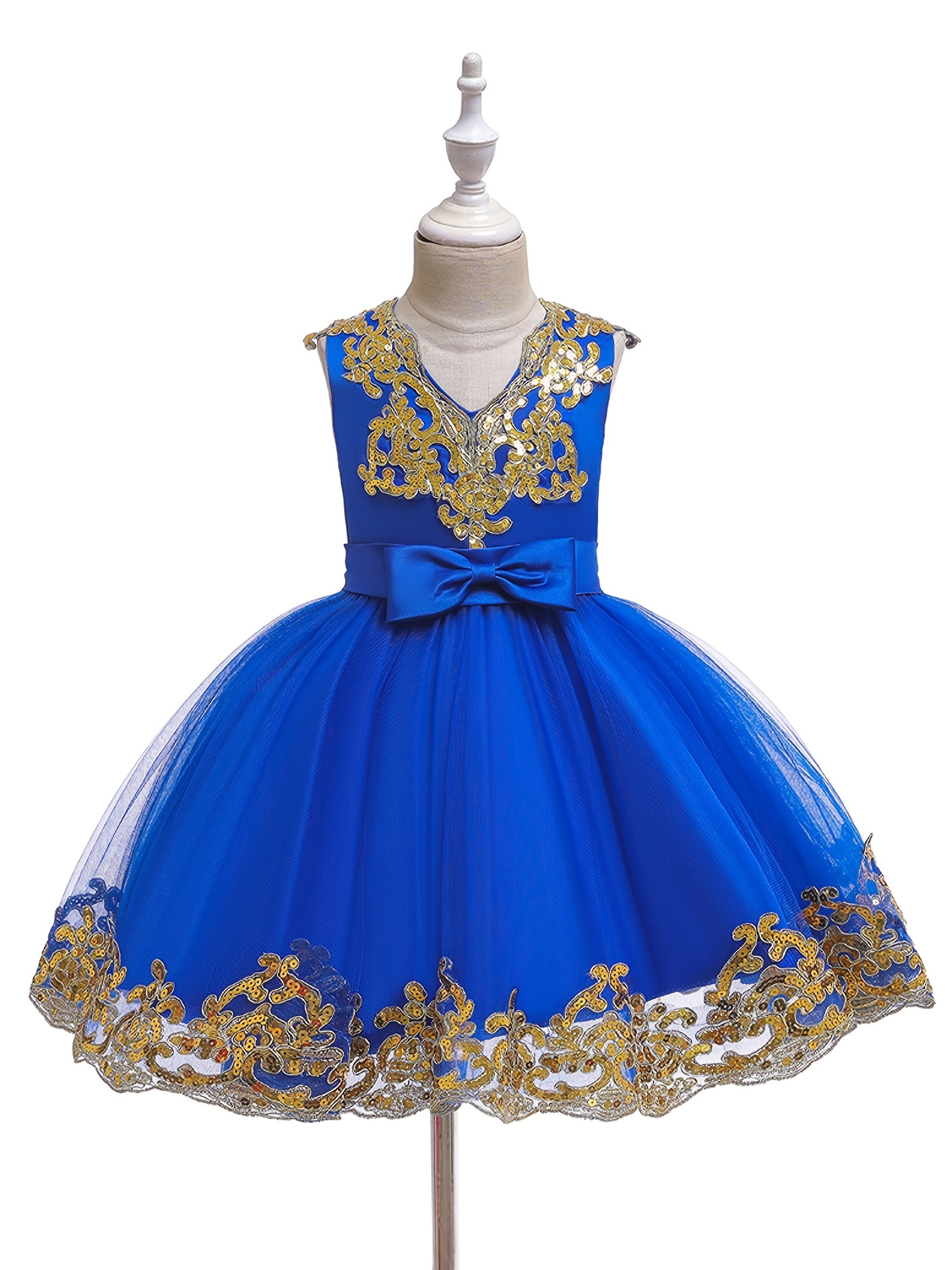 Girls Sequin Embroidery Mesh Princess Dress for Piano Performance Wedding