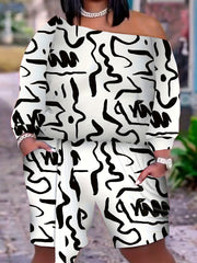 Women's Plus Graffiti Print One Shoulder Top & Shorts Set