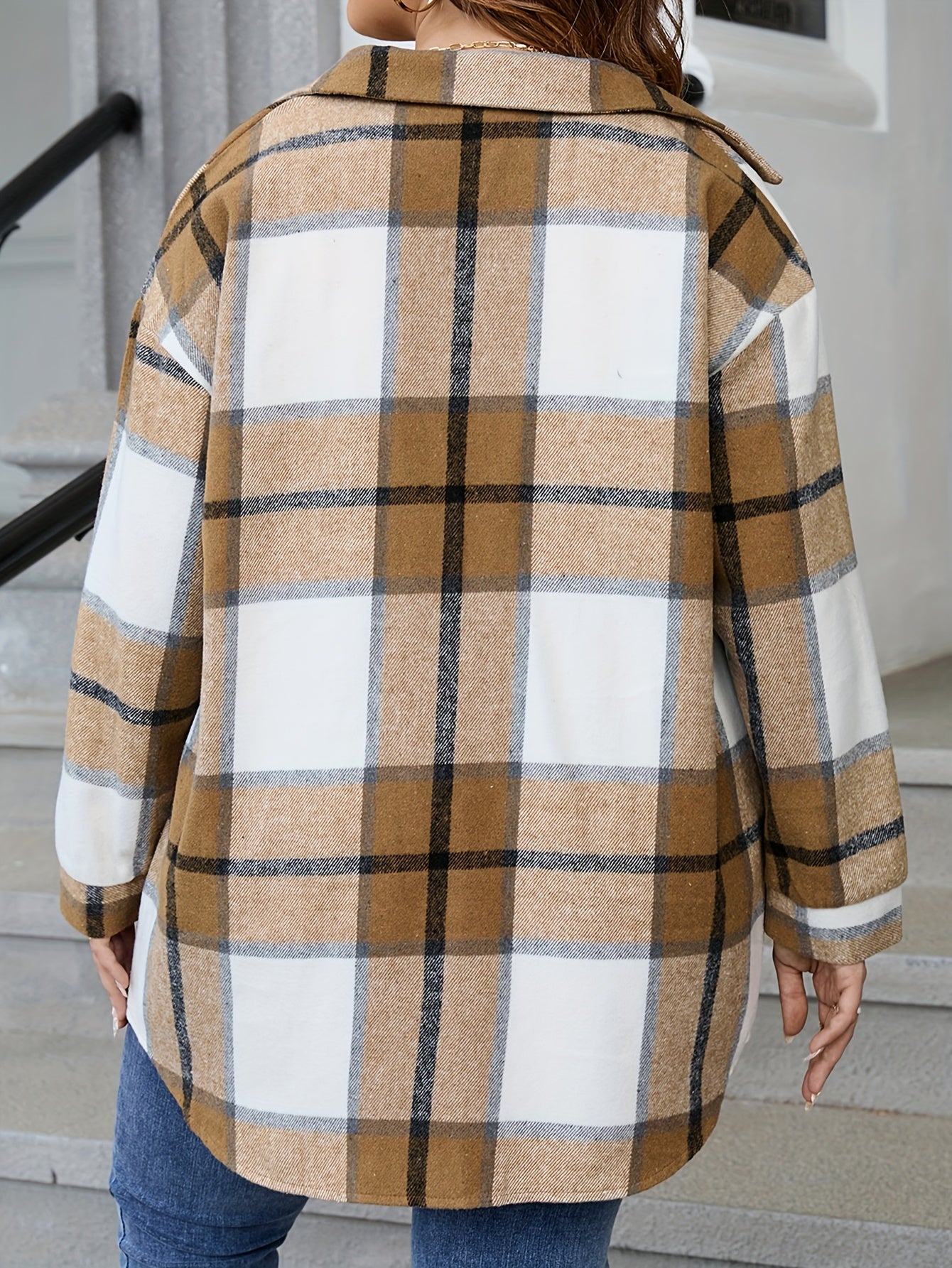  Plaid Print Button Up Tunic Shirt Top