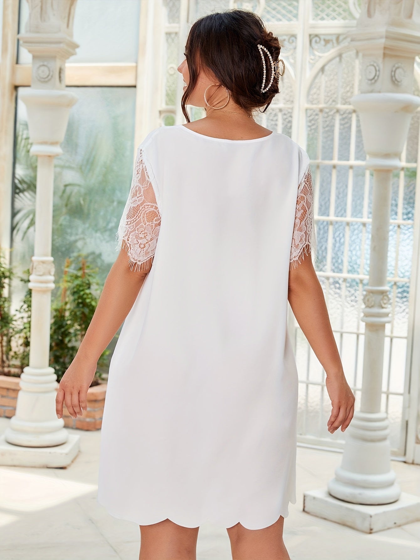  Casual Dress Women's Plus Solid Contrast Lace Short Sleeve Dress