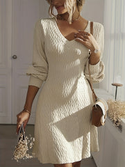  Long Sleeve V Neck Knit Dress