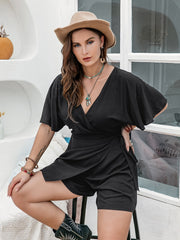  Solid Short Sleeve Surplice Neck Belted Romper