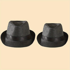 2pcs Straw Woven Belt Top Hat Sunshade Jazz Hat