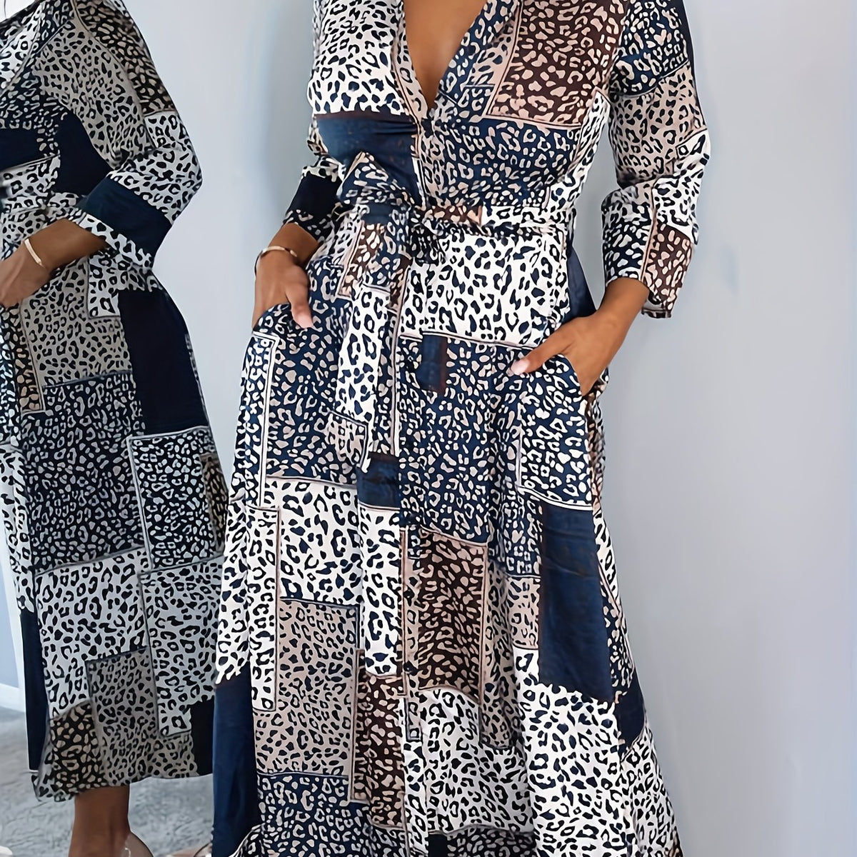  Leopard Print Long Sleeve Button-Up Maxi Shirt Dress