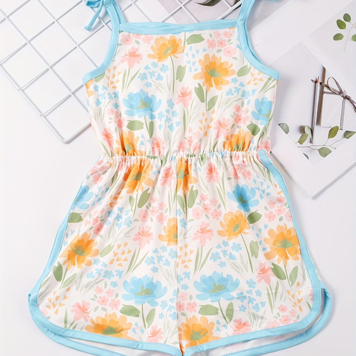 Toddler Girls Flowers Graphic Bow Sunflower Cami Rompers