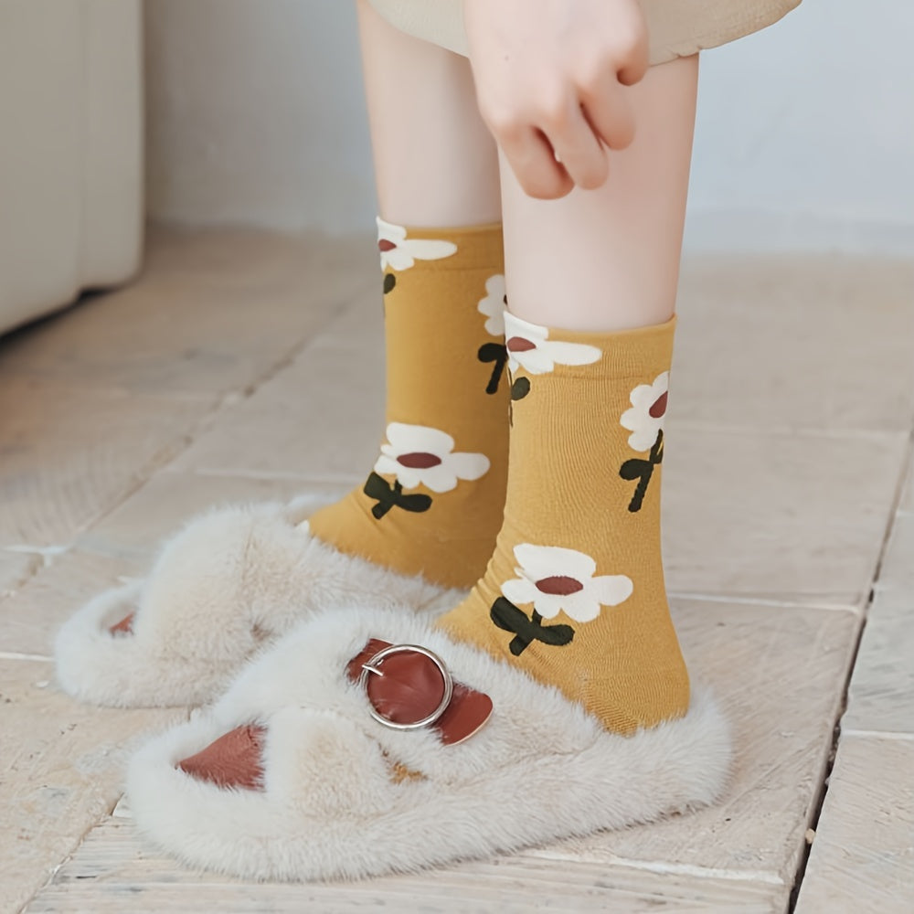 5 Pairs Floral Print Socks Women's Mid Tube Stockings & Hosiery