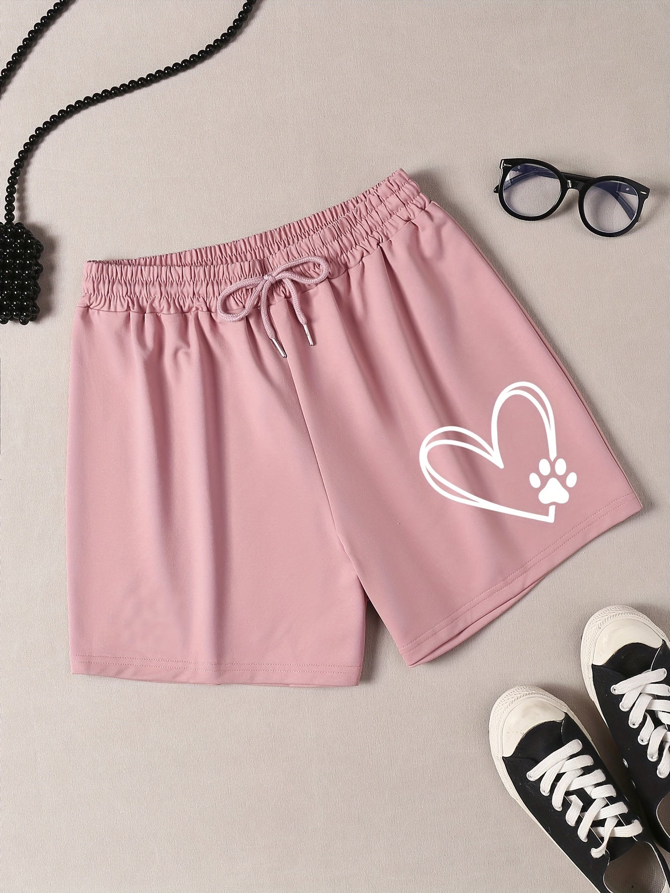  Heart & Puppy Paw Print Elastic Waist Shorts