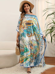  Boho Cover Up Feather Print Bat Sleeve Loose Split Beach