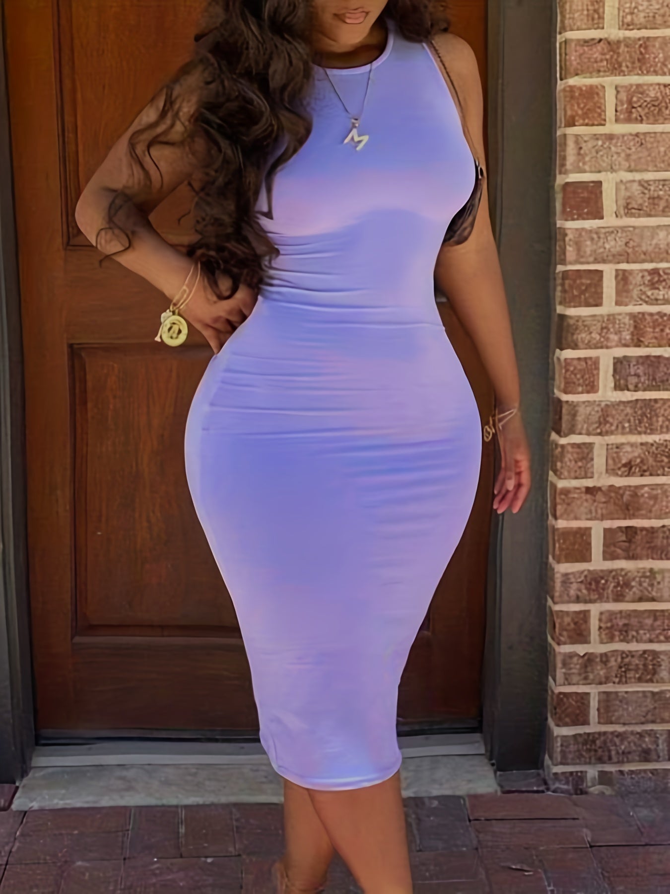  Casual Tank Dress Women's Plus Solid Round Neck Midi Bodycon Dress