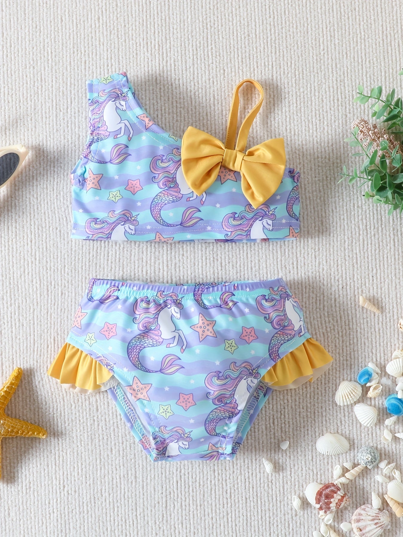 Toddler Girls' Unicorn Graphic 2pcs Swimwear Set with Bow Shoulder Top