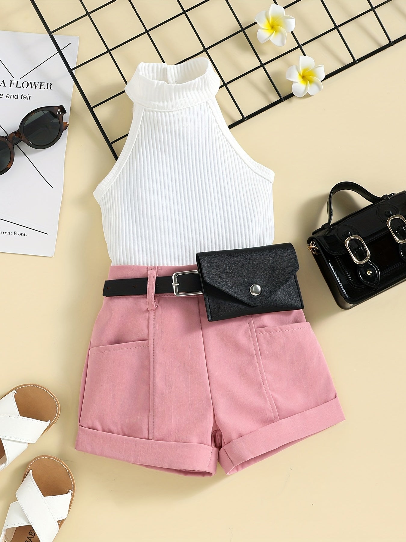 Girl's Ribbed Halter Top & Shorts Set for Summer