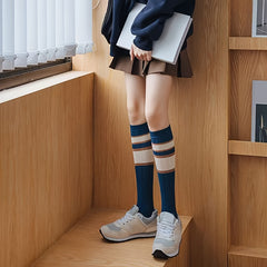 3 Pairs Striped Calf Socks Knee High Women's Stockings