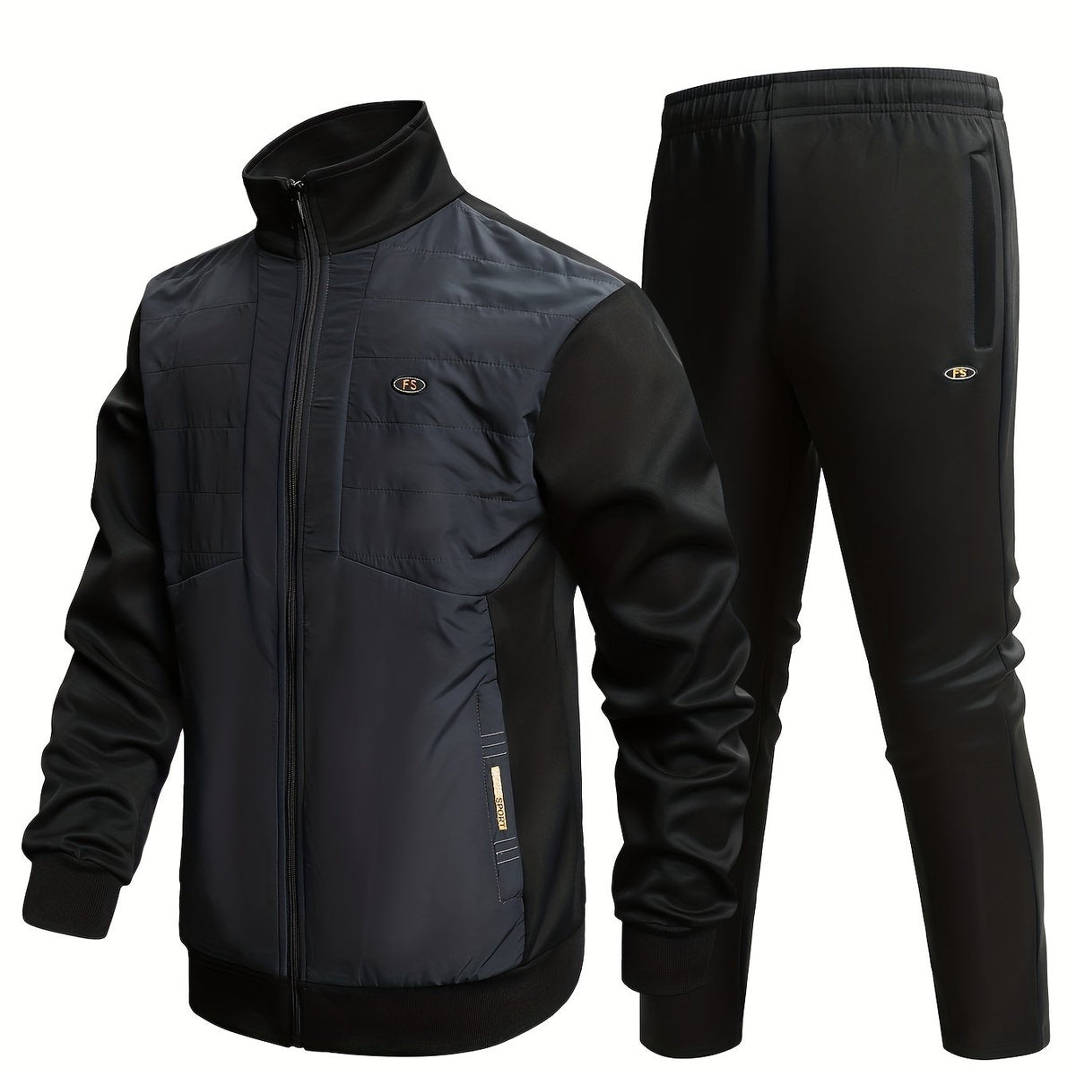 Men's Sports Suit with Stand Collar Zip Up Jacket & Stretch Waist Pants