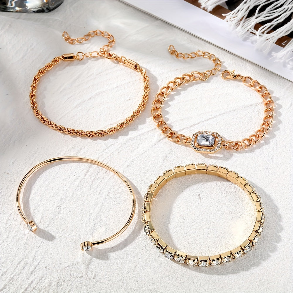 4pcs Chain Square Rhinestone Bracelet Set for Women Girls