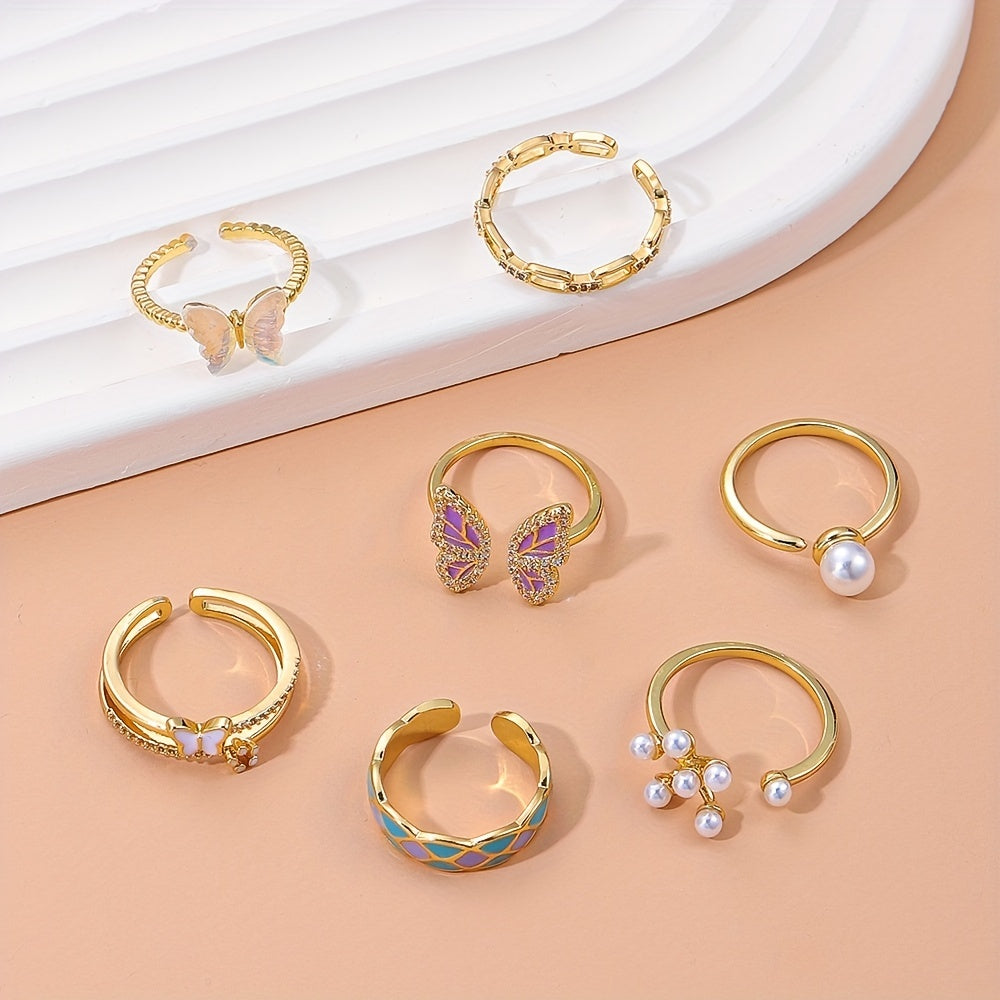 Butterfly Ring 14k Plated Faux Pearl Adjustable Cuff - Party Accessory