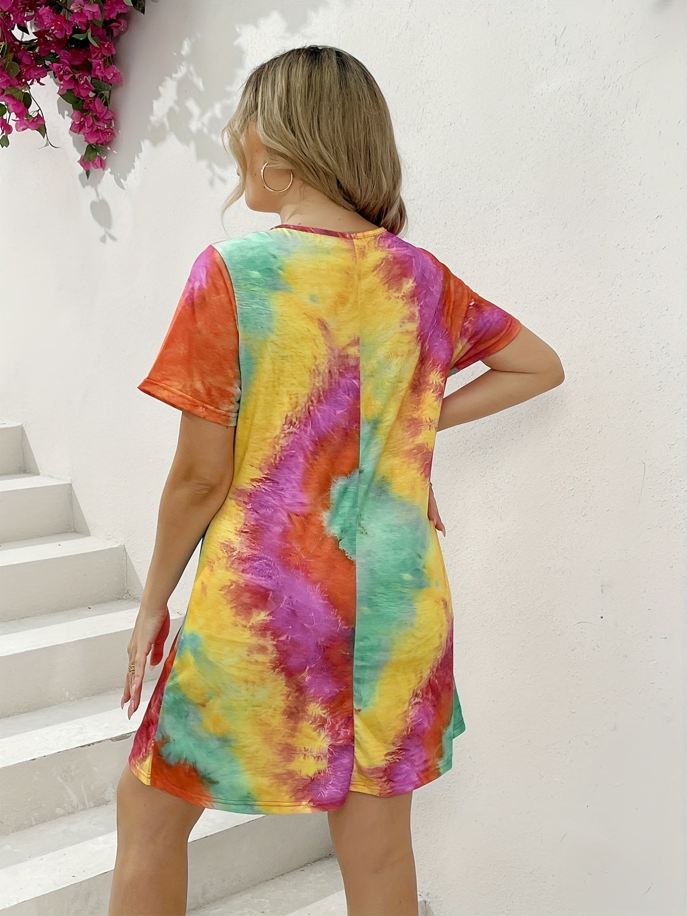  Casual Tee Dress Women's Plus Tie Dye Short Sleeve Round Neck Dress