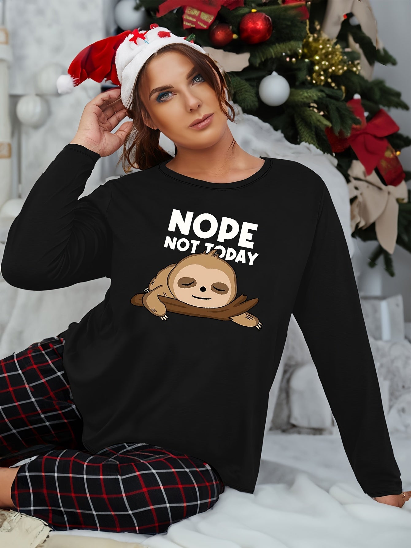  Cartoon Sloth Print Long Sleeve Sleepwear Tee