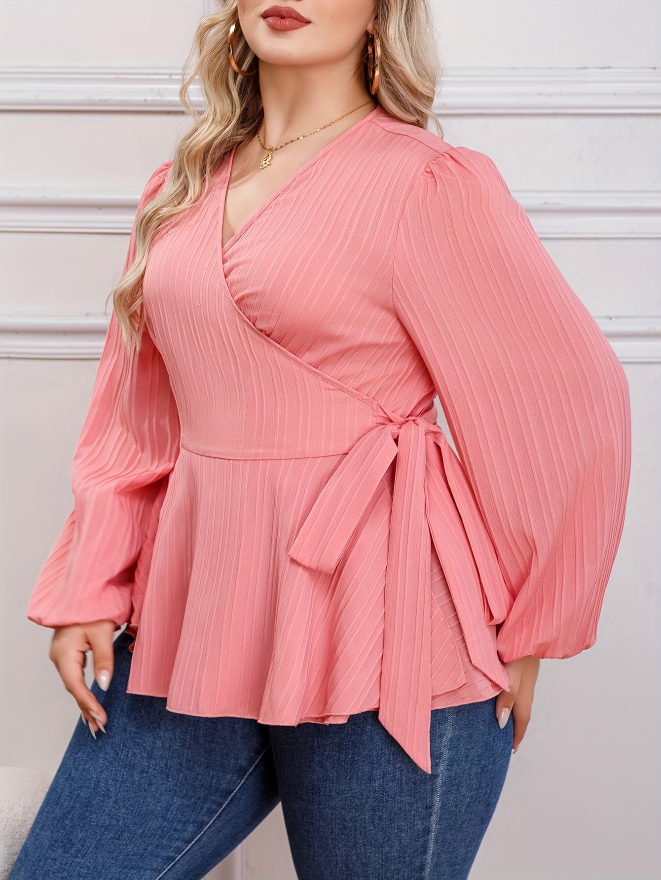  Ribbed Lantern Sleeve Peplum Shirt Top