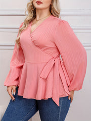  Ribbed Lantern Sleeve Peplum Shirt Top