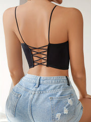 Solid Cami Crop Top Crew Neck Cut Out Top
