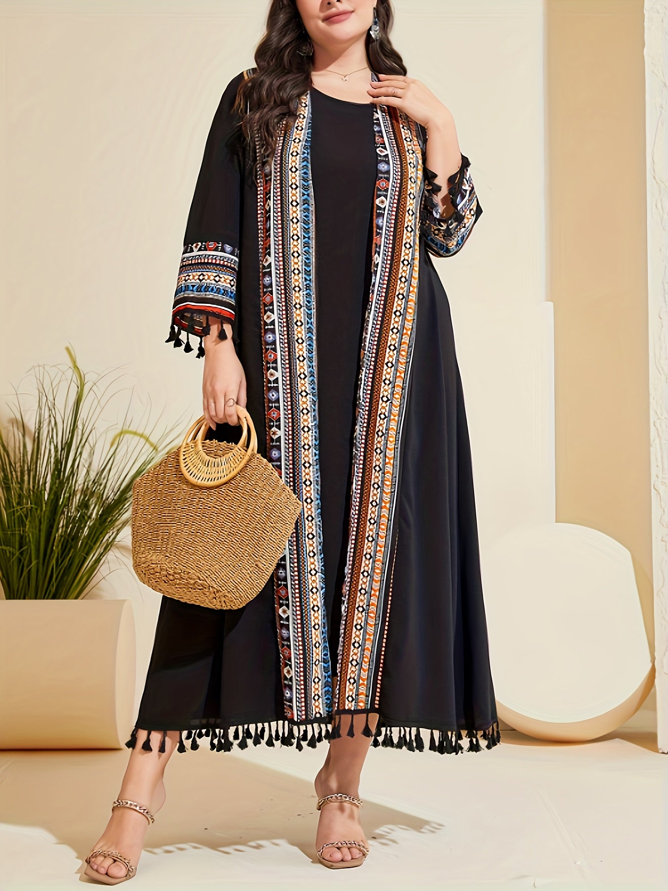  Boho Tank Dress & Geo Print Cardigan Two Piece Set