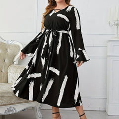  Casual Dress Women's Plus Bell Sleeve Round Neck Cut Out Dress