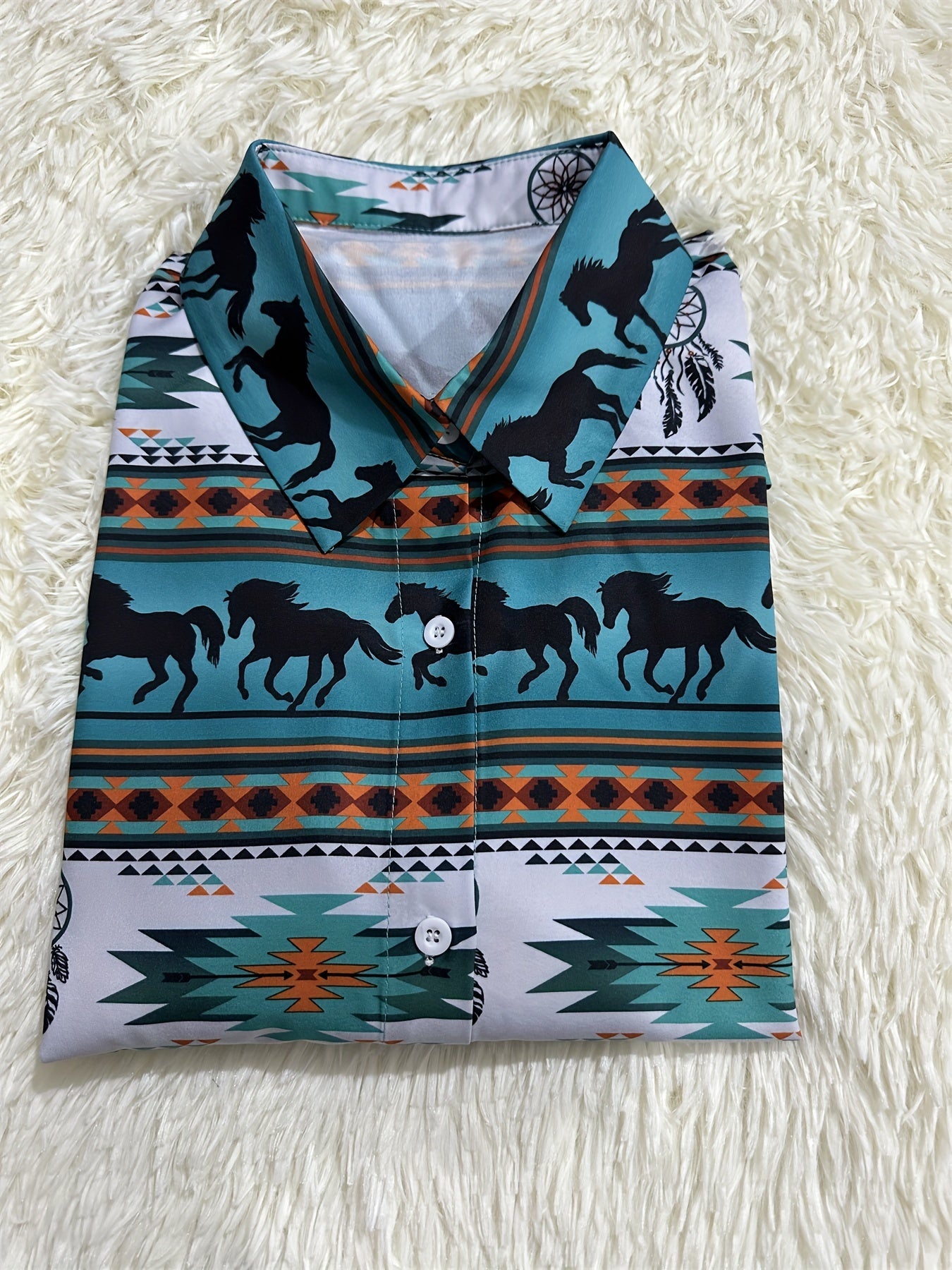  Geometric & Horse Print Button Up Western Style Blouse