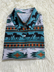  Geometric & Horse Print Button Up Western Style Blouse