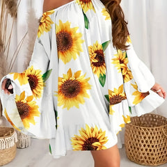  Women's Sunflower Print Bell Sleeve Pleated Dress