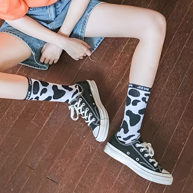 5 Pairs Cow Spot Print Socks Women's Mid Tube Stockings
