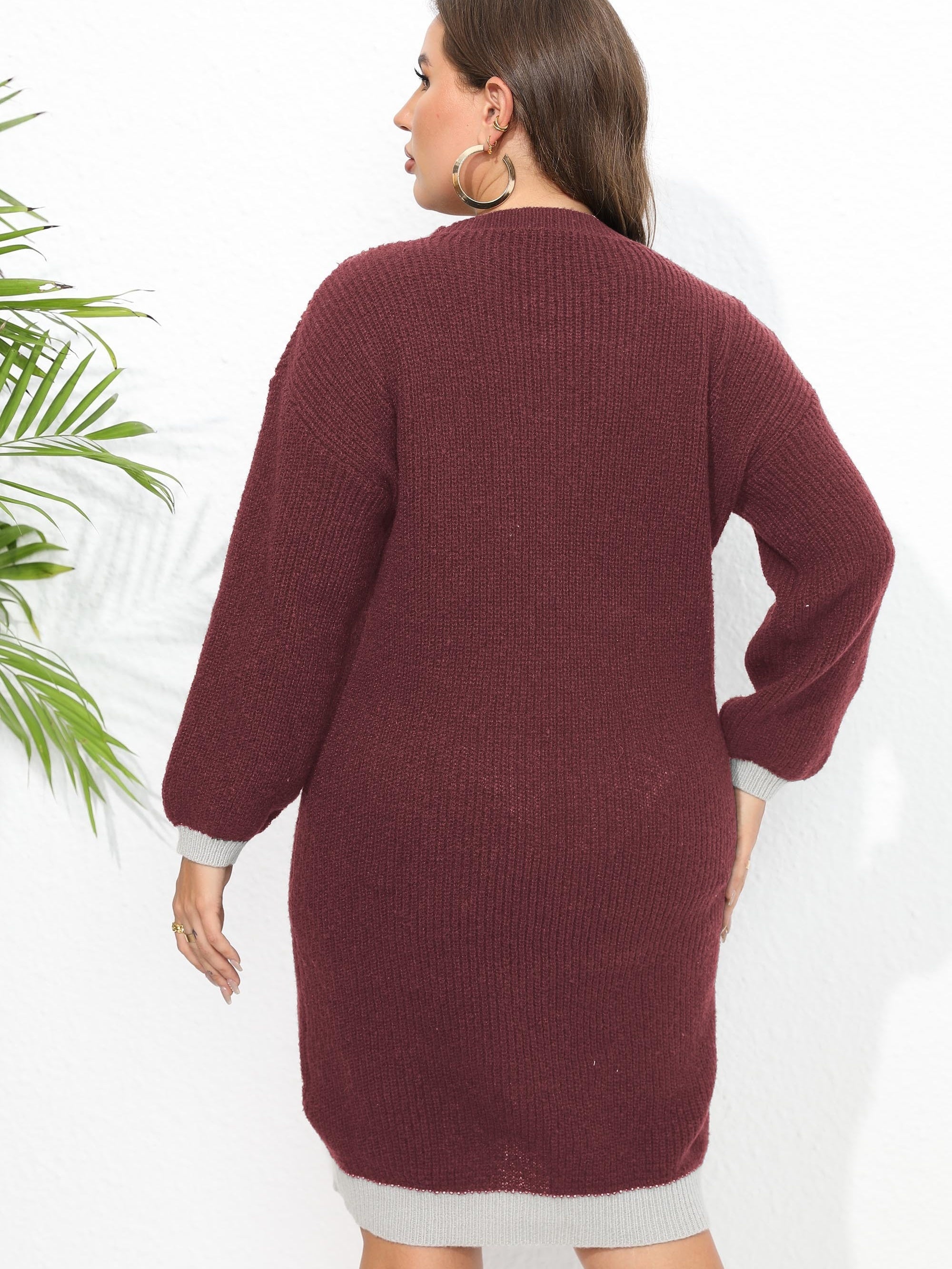  Colorblock Lantern Sleeve V Neck Midi Sweater Dress