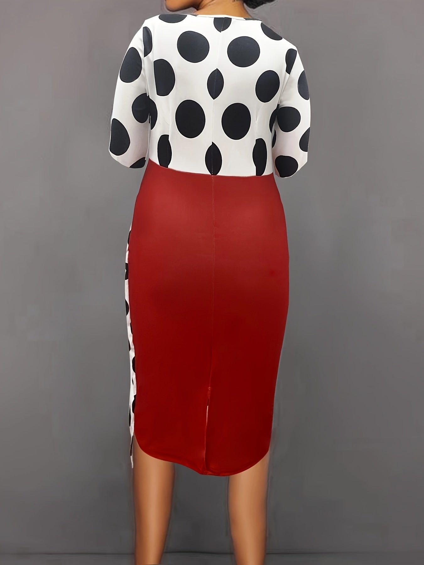  Colorblock Dot Print Long Sleeve Round Neck Bodycon Midi Dress