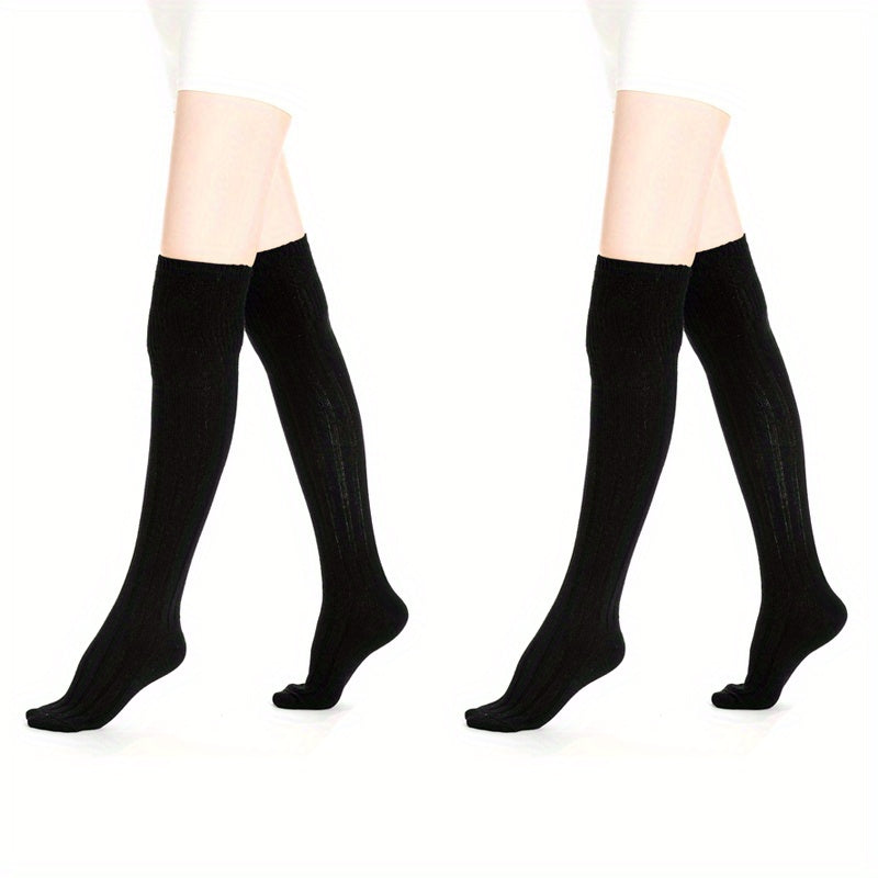 2 Pairs Knitted Thigh High Socks Solid Warm Over The Knee Socks