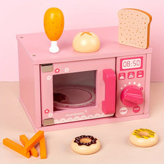 Kids Wooden Microwave Oven Kitchen Playset with Bread Baking Dessert Set
